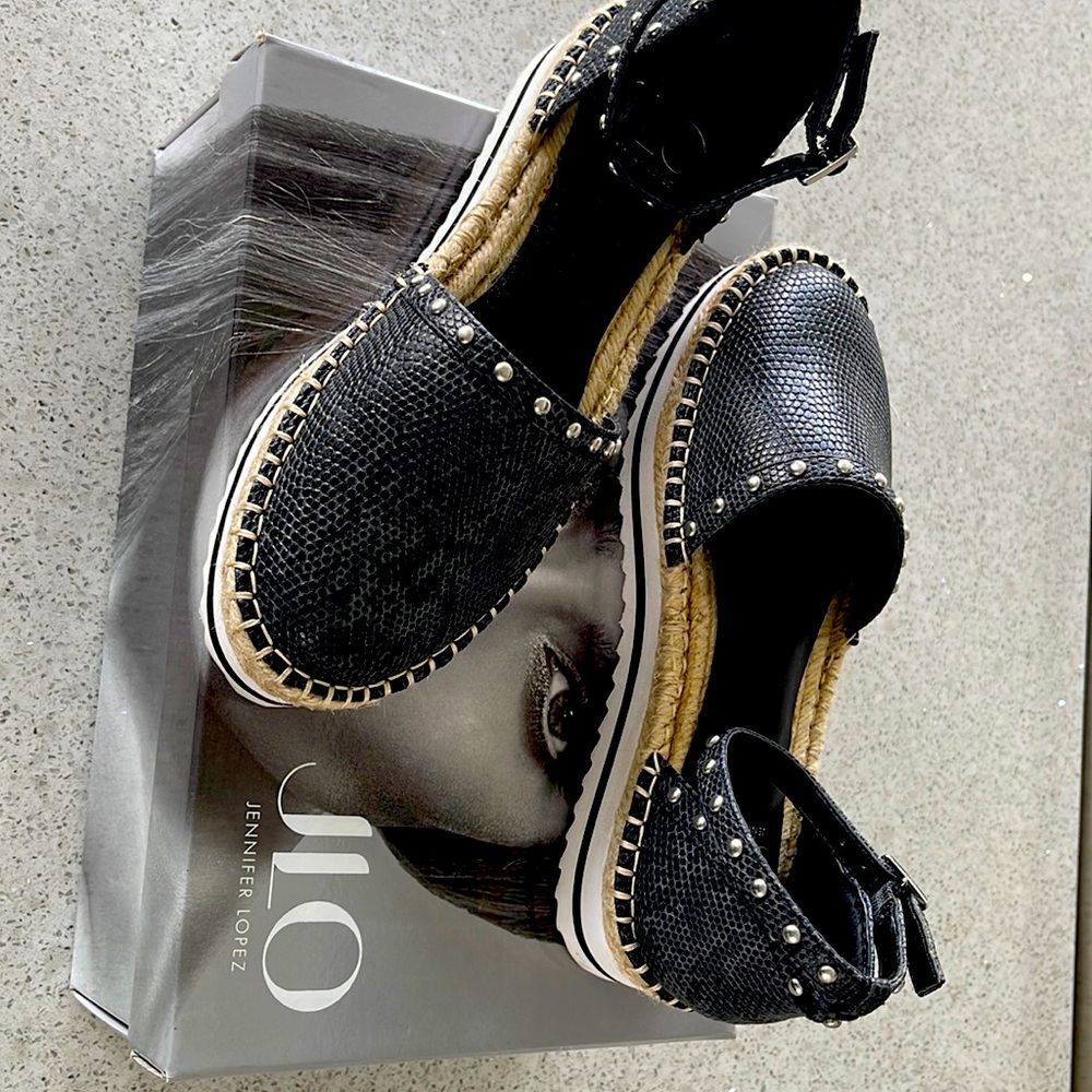 Jennifer Lo Lisly black snake print leather & stud espadrilles